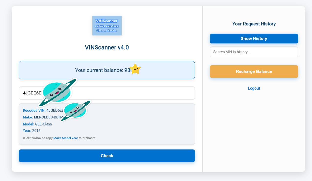 VINScanner dashboard screenshot showing CARFAX report list and credit balance